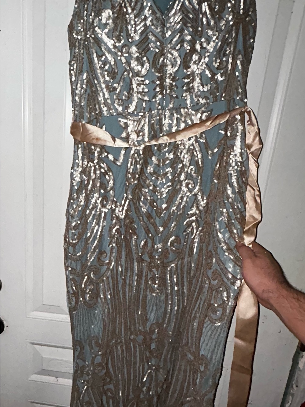 R&M Richards Teal Evening Sheath with Gold Sequin Embellishment - Picture 3 of 5